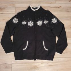 Quacker Factory Black Snowflake Zip-Up Sweater Ladies XL