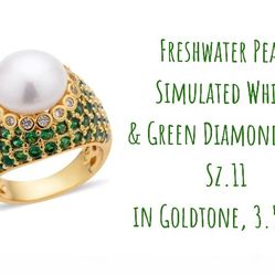 Freshwater Pearl, Sim. Green & White Diamond Ring, Sz.11