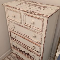 Tall Vintage Dresser Shabby Chic White Distressed Beach Nautical Decor Tallboy 6 Drawers All Wood 