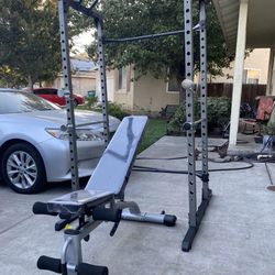 Power Cage Combo With Fully Adjustable Bench And 300lb Olympic Weight Set With Barbell And Clips
