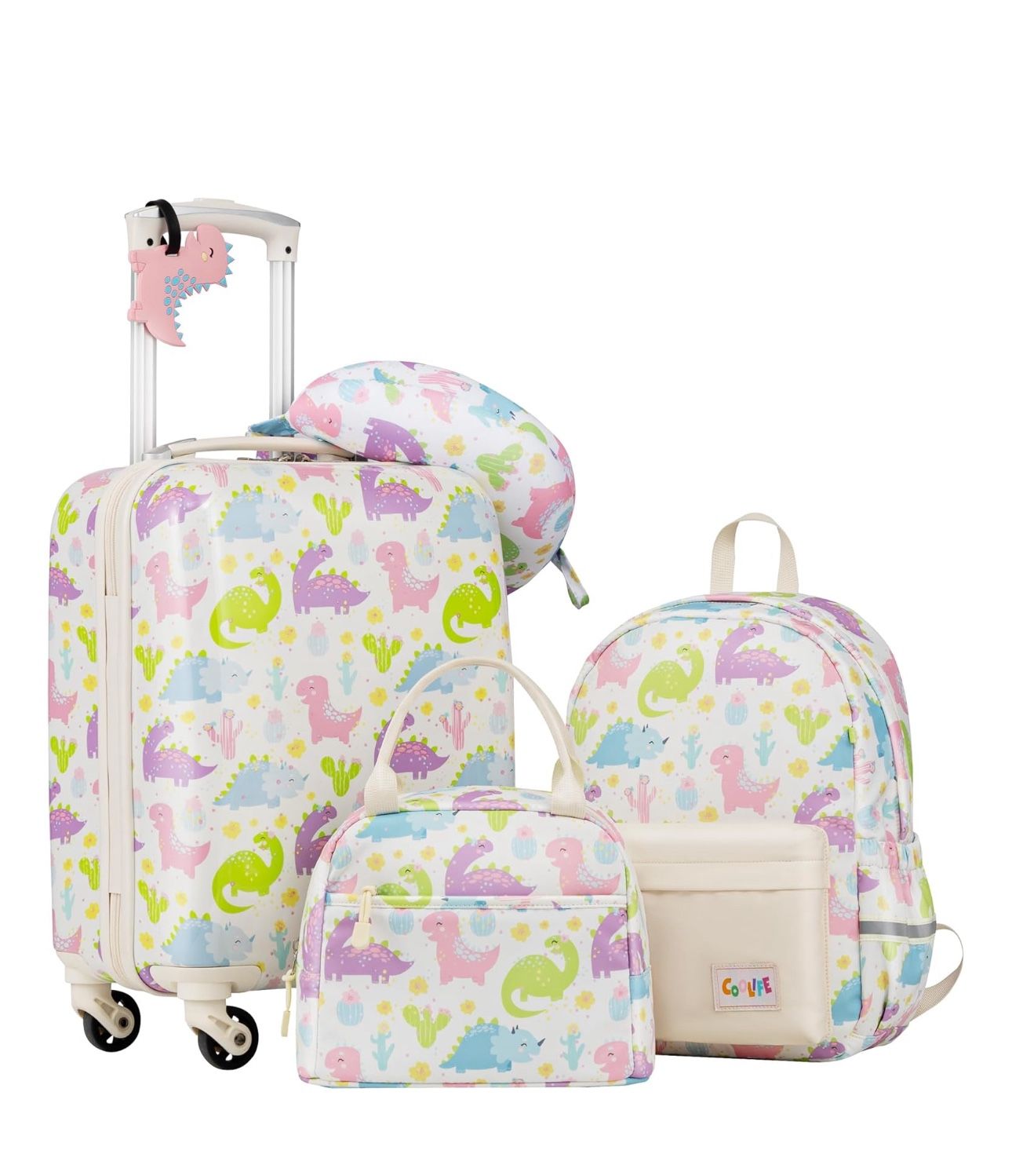 Coolife Kid’s Luggage Set 5 Piece Suitcase Set 16’’ Carry on Hardside Spinner Toddler Luggage Travel Rolling Luggage Girls Boys Dinosaurs 5 piece set