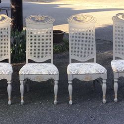 4 Cane Back, Carved Crest Dining Table Chairs Contemporary Fabric Seats Good Condition