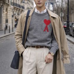 AMI Paris De Coeur Red Heart Intarsia Wool Sweater Grey Oversized Medium Unisex