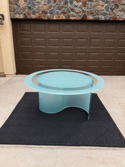 Vintage 1980s Sculptural Aqua Frosted Glass Table – Postmodern MCM Style