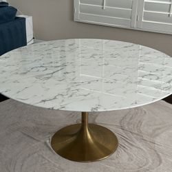 60” Round Artificial Marble Dining Table Gold White - Midway Lippa 