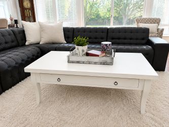 Handcrafted Linen White Chalk Coffee Table with Storage Drawer