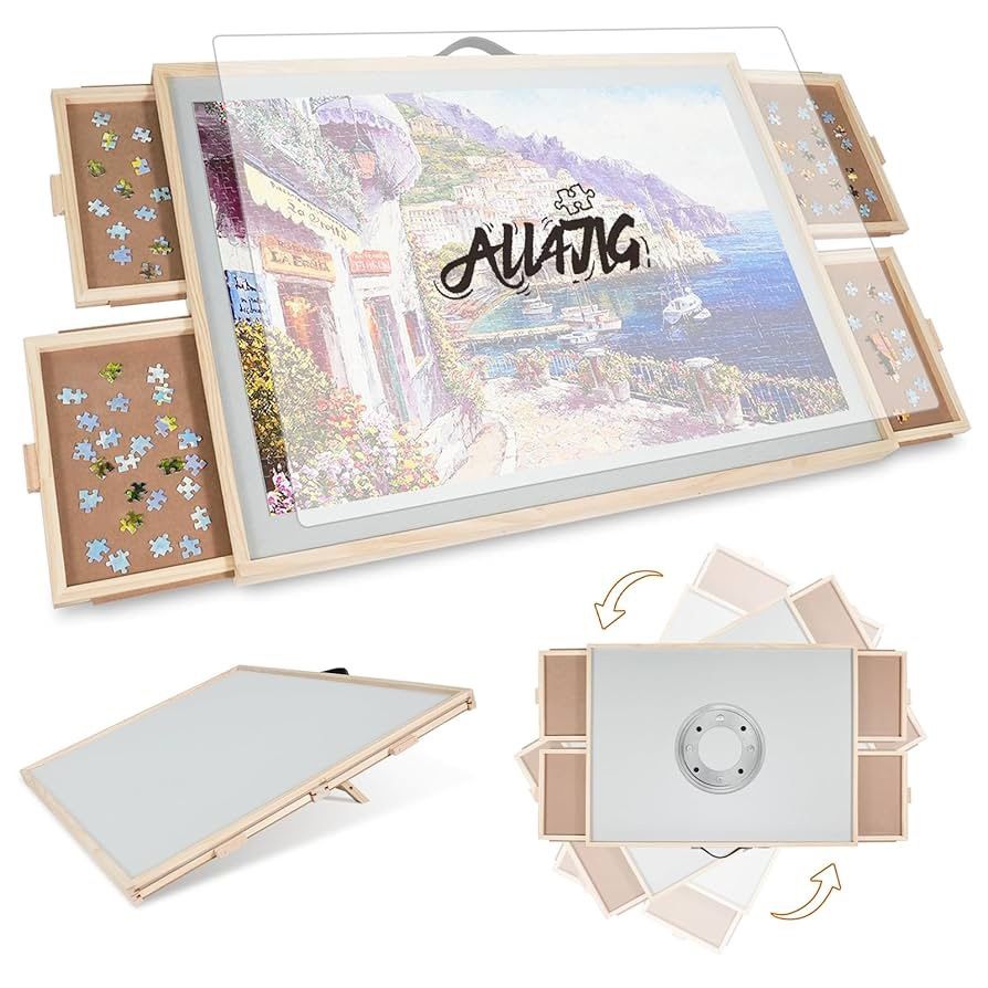 LL4JIG 1500 Pieces 2-in-1 Tilting & Rotating Board for Adults Gifts, Wooden Jigsaw Puzzle Table with 4 Drawers, Portable Board with Lazy Susan and Cov