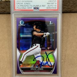 2023 Druw Jones Signed 1st Bowman Chrome Purple Refractor /250 Rookie Card Gem Mint PSA 10 Auto