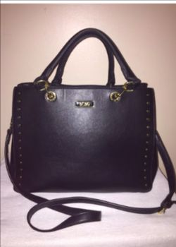 Black Leather Satchel Handbag with Gold Studs