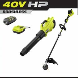 RYOBI
40V HP Brushless 600 CFM 155 MPH Cordless Leaf Blower and Carbon Fiber String Trimmer with 4.0 Ah Battery and Charger
