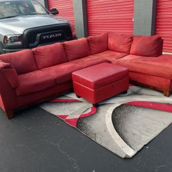 Red L Shaped Sectional with Ottoman 
