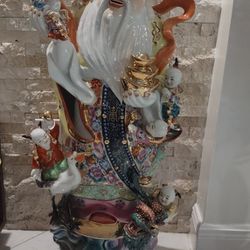 Large Chinese God Shou Xing Porcelain Statue 5 Children Longevity Figurine Sculpture Fu Lu Shou Three Stars Fertility Asian 壽星 Vintage 38" Tall.