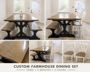 Custom Solid Wood Farmhouse Dining Set | Table + 2 Benches + 2 Chairs