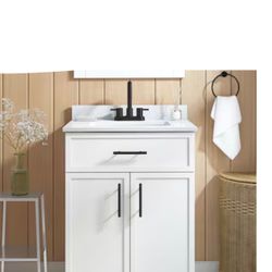 Style Selections Dolton 24-in White Undermount Single Sink Bathroom Vanity with White Engineered Stone Top Delta Sparrow Black Matte Black 4-in center
