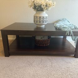Dark Wood Coffee Table with Storage Shelf – Excellent Condition