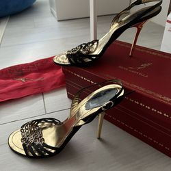 Authentic Rene Caovilla Gold Sandals Slides Heels Shoe 38 7.5