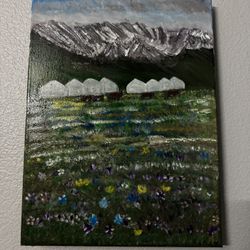 Snow Mountain Flower Prairie Landscape Oil Painting on Canvas