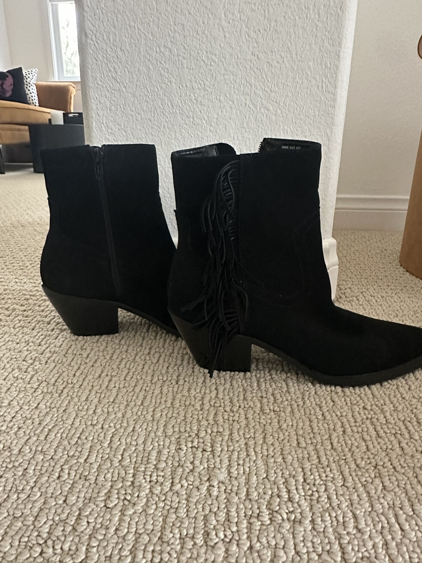 Black Suede Fringe Booties- Size 6