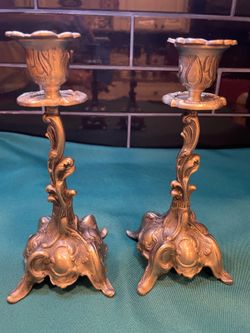 Antique ornate lacquered brass/bronze candlestick holders. Stunning design details