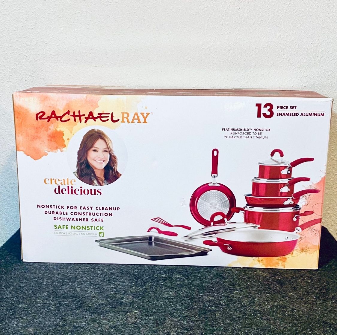 New Rachael Ray Create Delicious 13Pc Enameled Aluminum Nonstick Cookware Set, Red