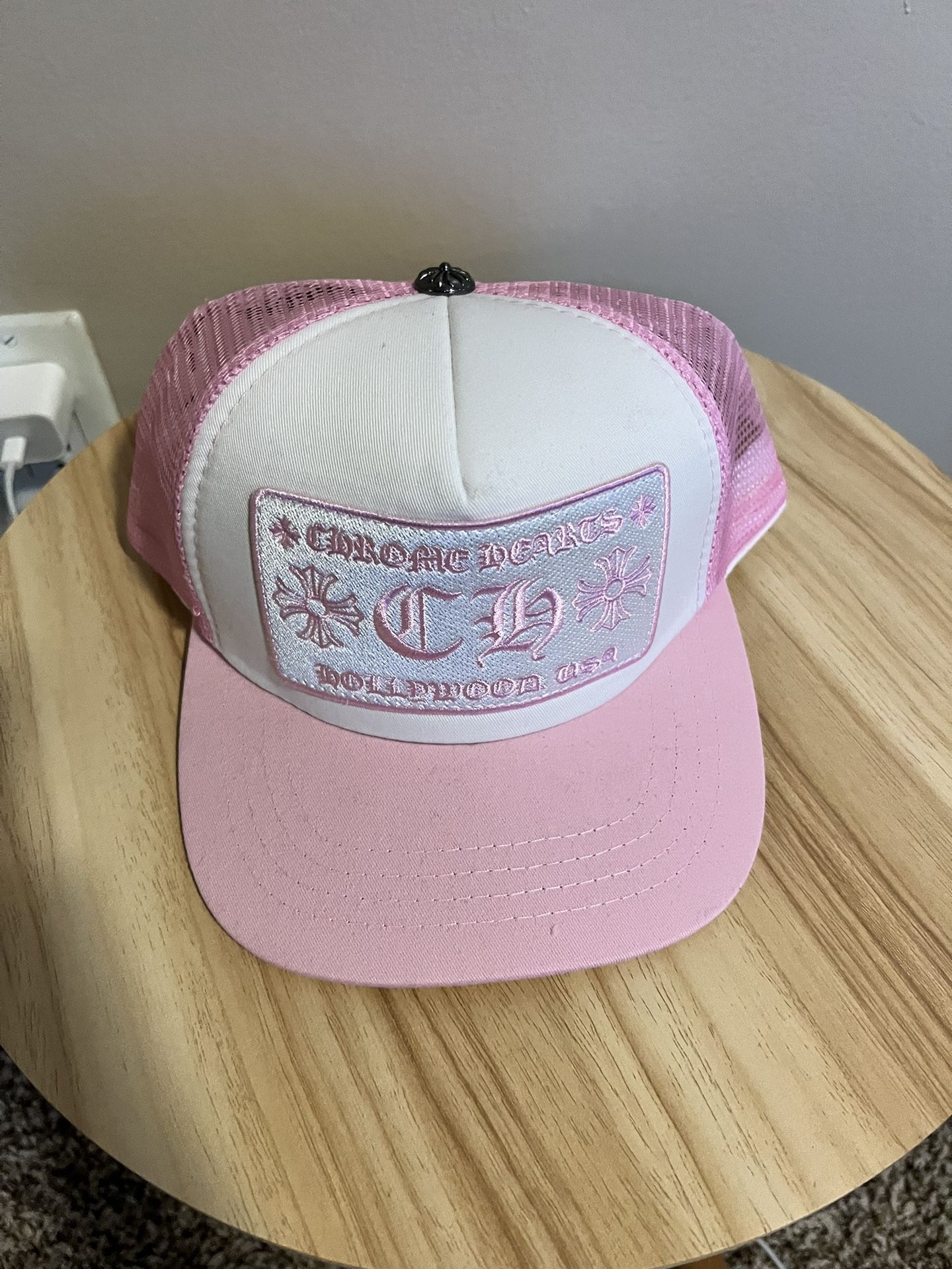 pink chrome heart hat