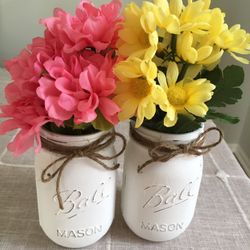 Distressed mason jar vases with silk flowers $10 for both