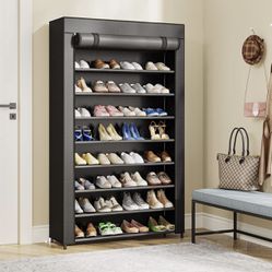 153BK 10 Tier Shoes Rack with Cover, Shoes Racks Organizer for Closet, Black Large Shoe Shelf for Entryway,50 Pair Large Shoe Stand, Non-Woven Shoe St