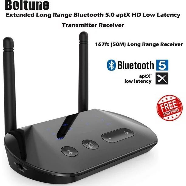 Boltune Bluetooth 5.0 aptX HD Low Latency Long Range transmitter & Receiver Boltune BT-BA002 is a 164ft long range Bluetooth transmitter, receiver and