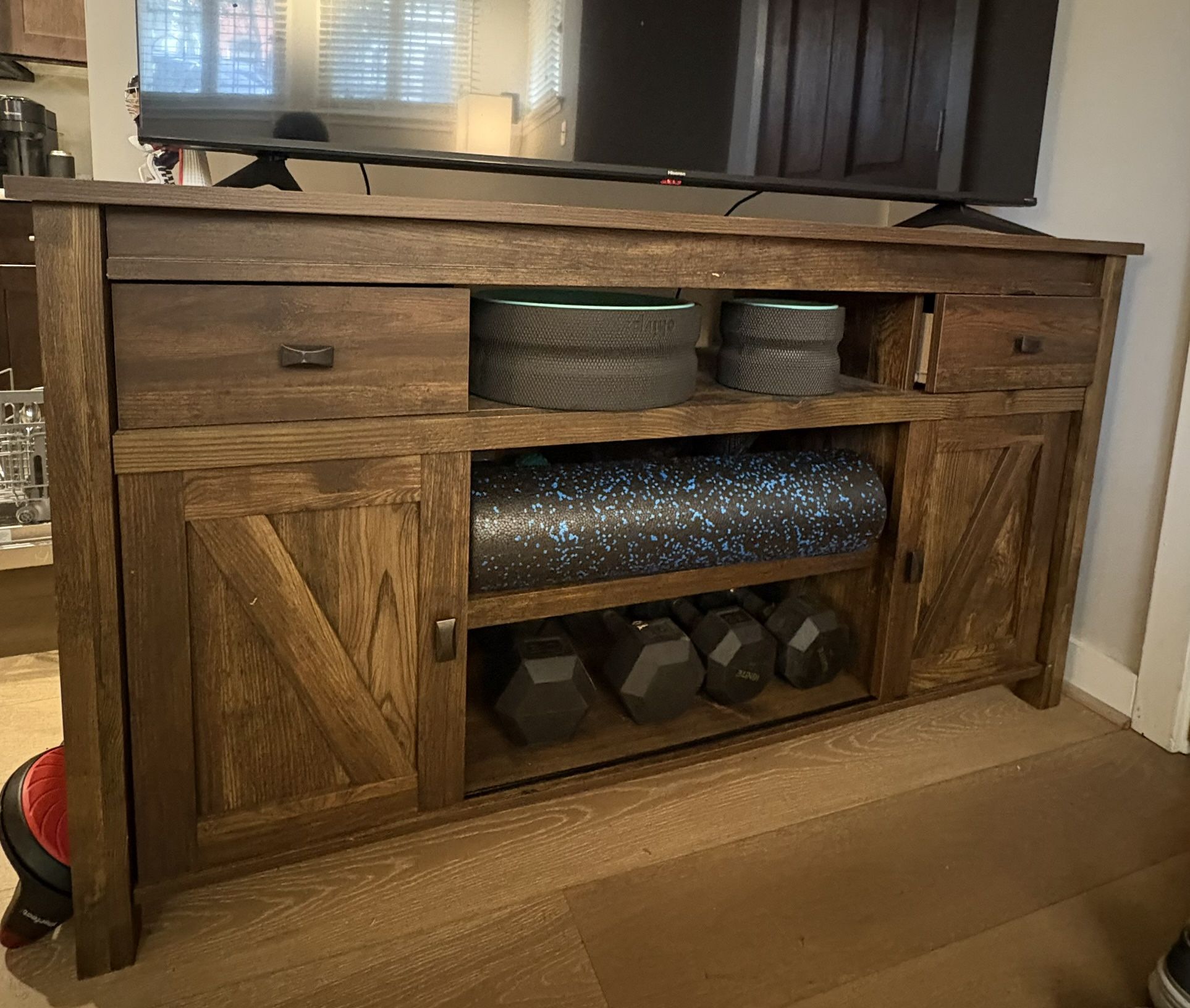 Brown Wooden TV Stand - Media Console (sliding front cabinet doors)
