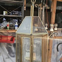 Vintage Brass And Beveled Glass Chandelier 
