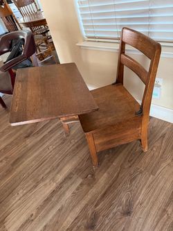 Antique Wood School Desk with Attached Chair