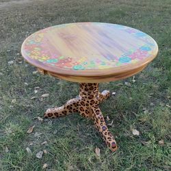 Small Vibrant Hand Panted Floral & Leopard Print Wood Accent Pedestal Table (21” x 25”)