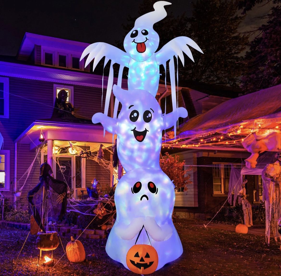 New 9.8 FT High Halloween Inflatable Overlap Ghost Outdoor Decorations Blow Up Yard w/ Built-in LED