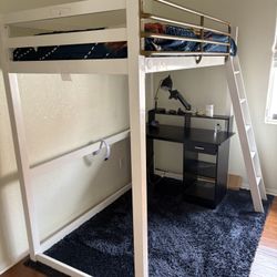 Twin Size loft Bed White Metal Frame Ladder