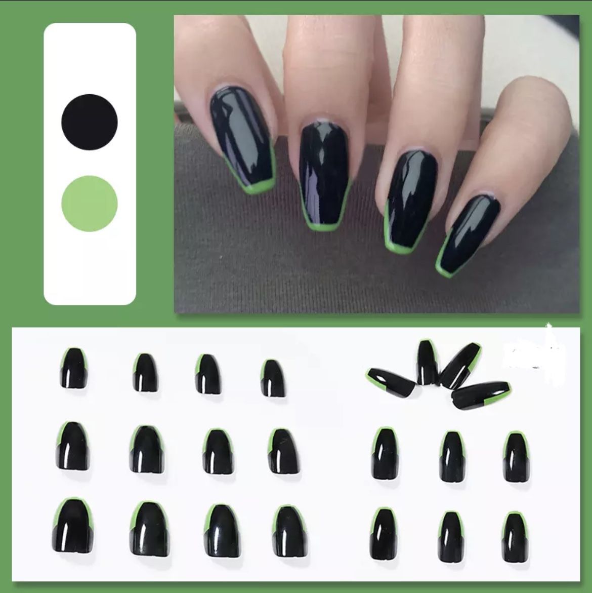 New 24pc Med Black Green Lining Press On Nails