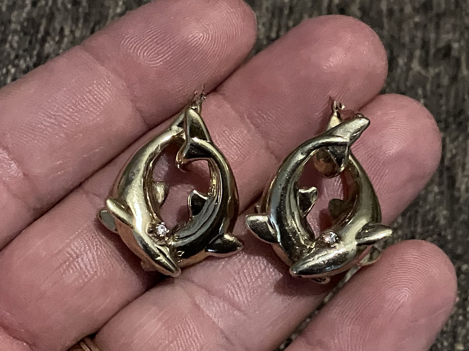 14K Solid Yellow Gold WHALE/DOLPHIN Earrings w/Diamond Eyes 5.2 Grams