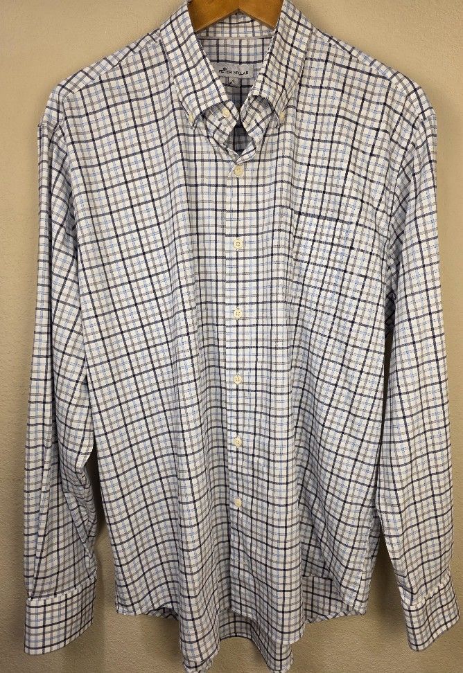 Peter Millar Shirt Mens Size XL Button Up Plaid White Blue Long Sleeve 