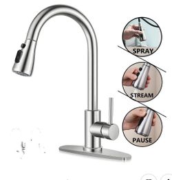 Kitchen Faucets Pull Down Sprayer, Stainless Steel, Brushed Nickel Classic High Arc, Single Handle Kitchen Sink Faucet, Deck Plate for 1 or 3 Hole, Su