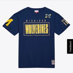 NEW Mitchell & Ness Michigan Wolverines Embroidered Tee Shirt Mens 2 XL