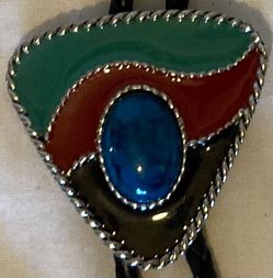 Vintage Metal Bolo Tie, Nice Blue Turquoise Stone with Red, Black and Green Enamel Design, Nice Western Design, 1 3/4" x 1 3/4", Quality, Heavy Duty, 