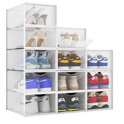 BINO 12-Pack Plastic Stackable Shoe Box Set - Clear | Foldable Shoe Storage Container | Sneaker Bins | Shoe Rack Box 