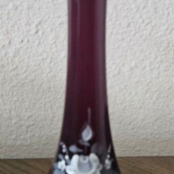 Fenton 8 1/2" Tall Hand Painted Roses Signed Ruby Red Bud Vase Fenton Stamp