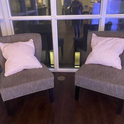 Set of 2 Upholstered Accent Chairs with Nailhead Trim - Gray Fabric