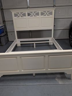 White Wood Bed Frame with Decorative Headboard