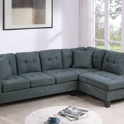 New! 2PC Ash Black Fabric Upholstered Sectional Sofa and Chaise