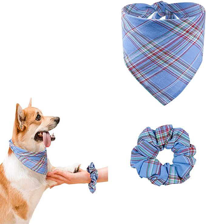 MAXSUTA Triangle Dog Scarf Holiday Dog Bandana and Matching Headband Set Dog Kerchief Washable Bibs Dog Neckerchief and Hair Bands Suitable for Pet Ow