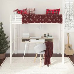 Metal Twin Loft Bed Frame with Stairs & Full-Length Guardrail, Space-Saving, Juniors and Adults, Noise Free, Off White