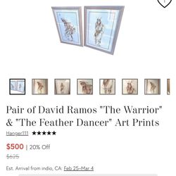 Antique Pair Of David Ramos “The Warrior” & “The Feather Dancer” Custom Framed With Real Feathers