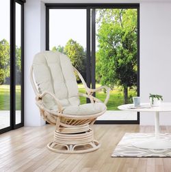 Lanai Rattan Swivel Rocker Chair in Linen Fabric with White Wash Frame