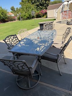 Hampton Bay glass patio table, and chairs to Ch set